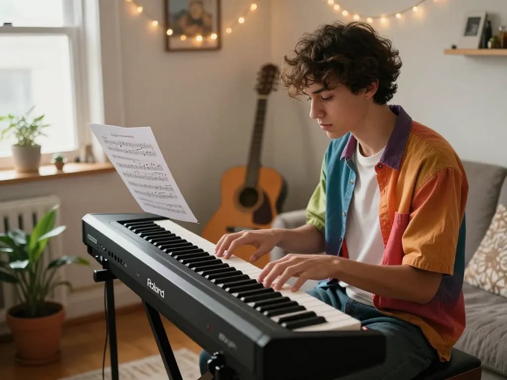 Young musician enjoying the go 88 digital piano in a cozy living room, creating music and capturing moments.