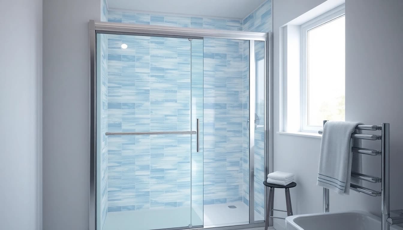 Showcase shower screen sliding door in a modern bathroom, emphasizing glass clarity and sleek design.