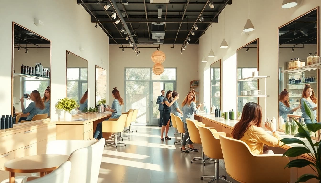 Cabeleireiro perto de mim: vibrant modern hair salon scene showcasing skilled stylists and satisfied clients