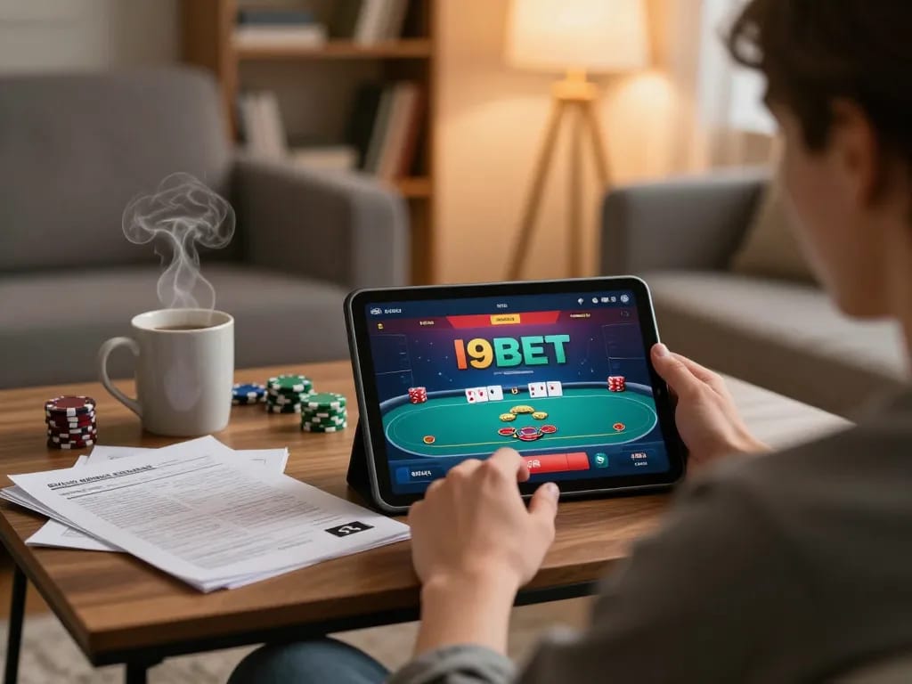 Playing poker on i9bet com with a tablet at home, showcasing a cozy gaming setup.