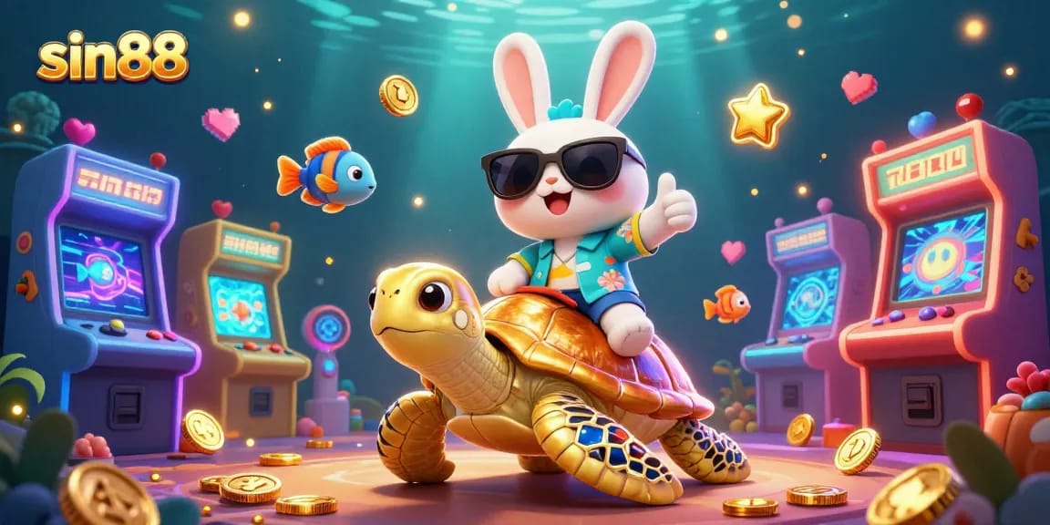 Experience sin88's exciting world with a lucky rabbit on a golden turtle amid glowing game elements.