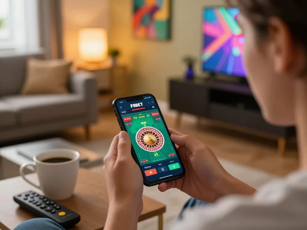Player enjoying strategies on F8BET mobile app while playing online games in a cozy living room.