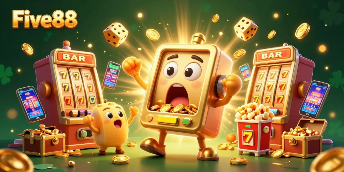 Experience the excitement of winning at Five88 Casino with victorious slot machines and gold coins!