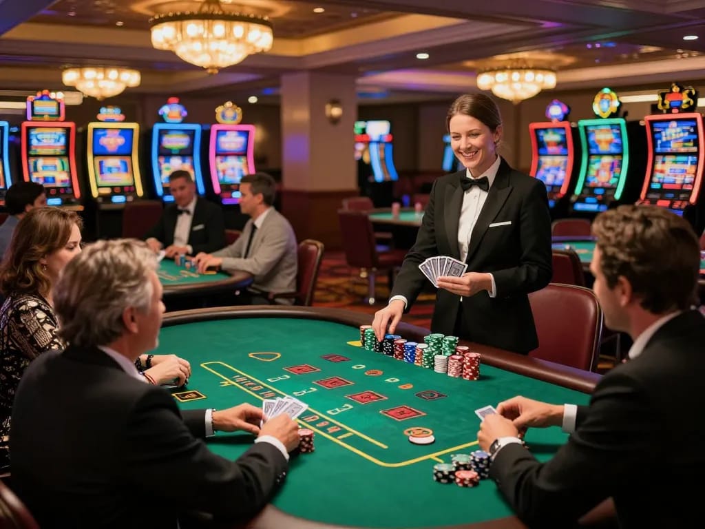 man88 players enjoying blackjack at a vibrant casino table, dynamic atmosphere with friendly dealer