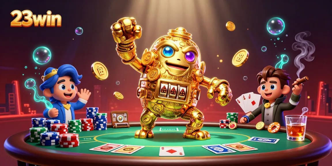 Experience high-energy gaming with 23win's vibrant casino scene, featuring golden golems and poker excitement.