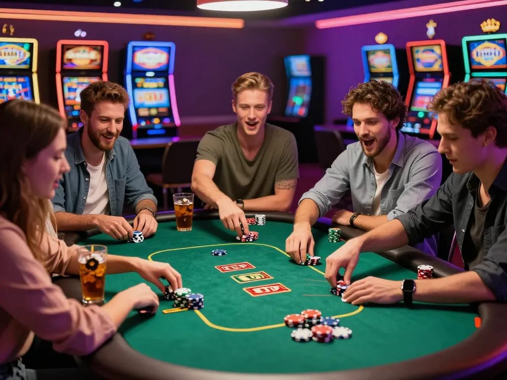 Friends enjoying a thrilling poker game at Bomwin casino table, vibrant colors and lively atmosphere.