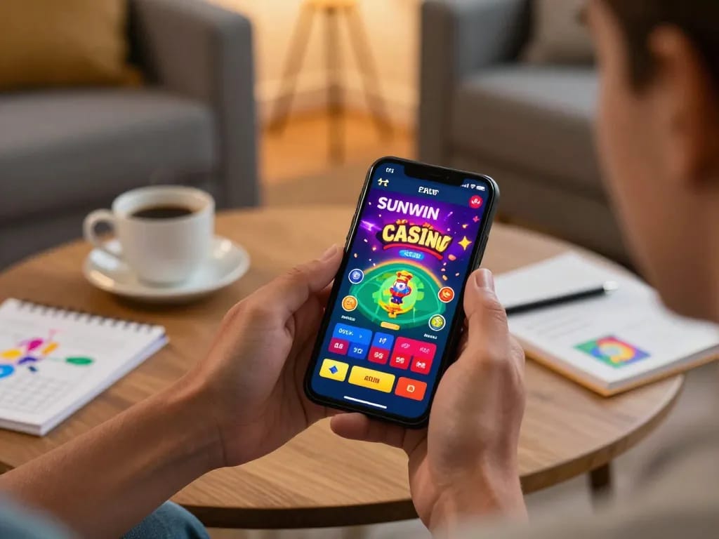 Engaging with Sunwin app on smartphone in a cozy gaming space, showcasing vibrant casino experience.