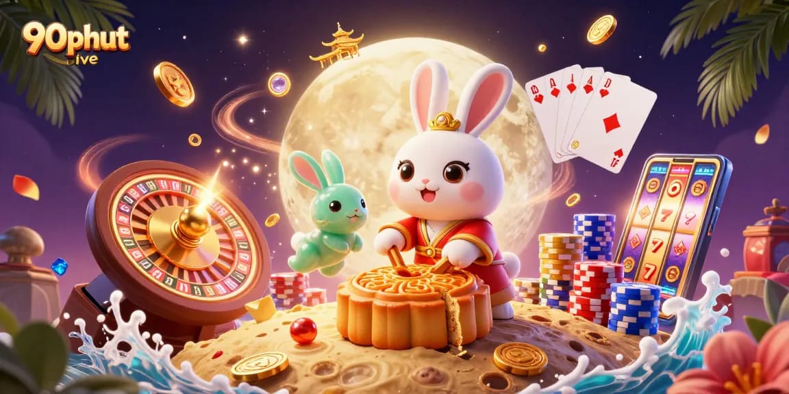 Experience 90phut live with the vibrant 3D casino illustration including poker chips and dynamic elements.