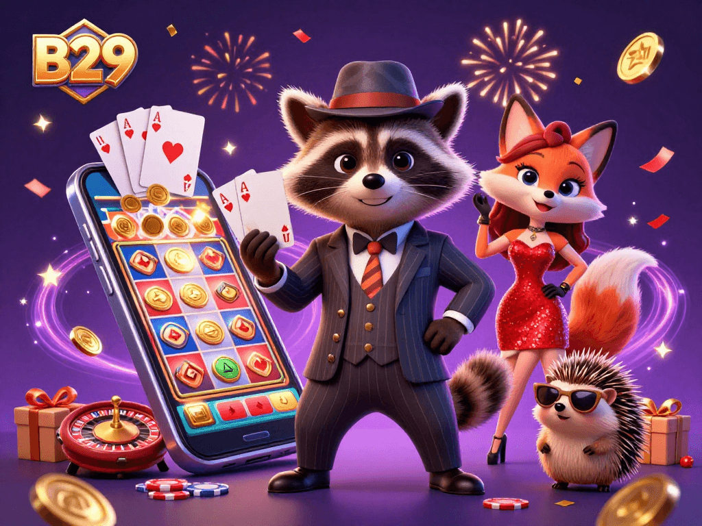 B29 casino scene featuring a suave raccoon and fox lady enjoying a royal flush in a vibrant gambling environment.