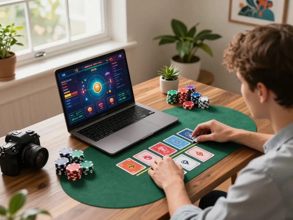 Tài xỉu online uy tín gameplay in a stylish home office, highlighting lively betting interface with colorful chips