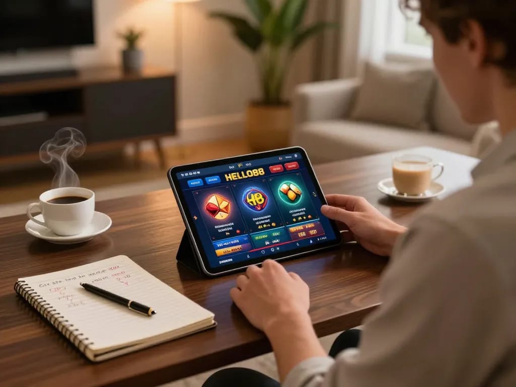 Player engaging with HELLO88 online gaming interface at home, showcasing a cozy atmosphere and tactical strategy