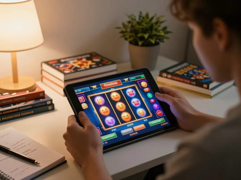 Player enjoying five88 online slots on a tablet at home, reflecting a casual gambling atmosphere