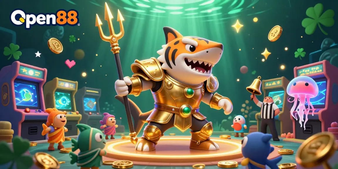 Engage with Open88's thrilling underwater casino scene featuring a tiger shark in gladiator armor.