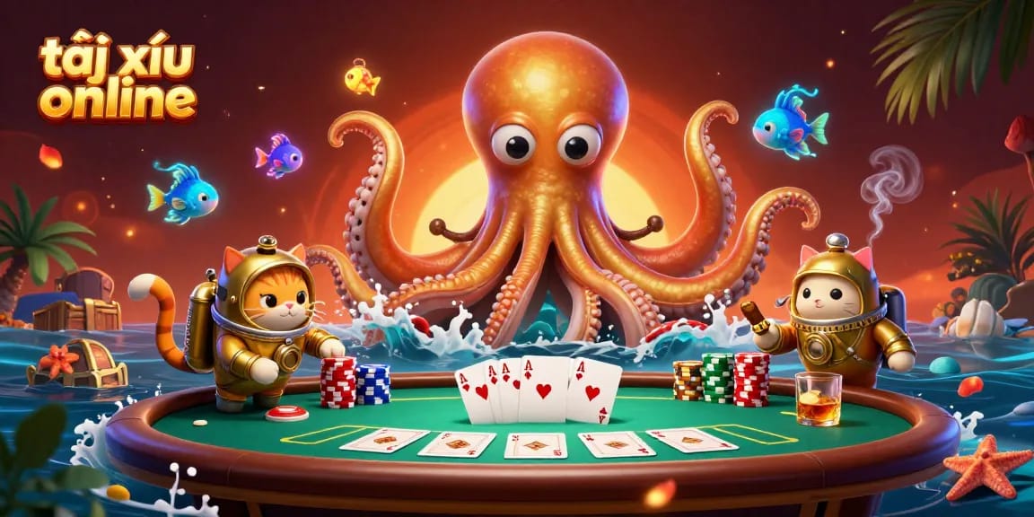 Engage with thrilling tài xỉu online gameplay, featuring golden kraken, diver, and poker elements.