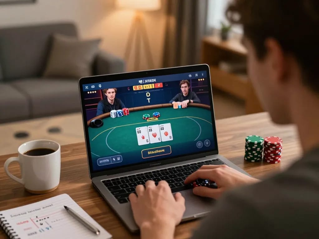 Xo88 poker gameplay on laptop captures strategic online decision-making in a cozy home.