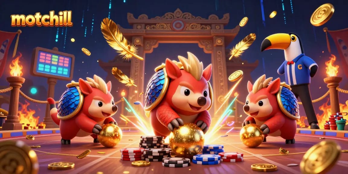 Experience thrilling motchill action with rival pangolins rolling poker chips in a vibrant casino scene.