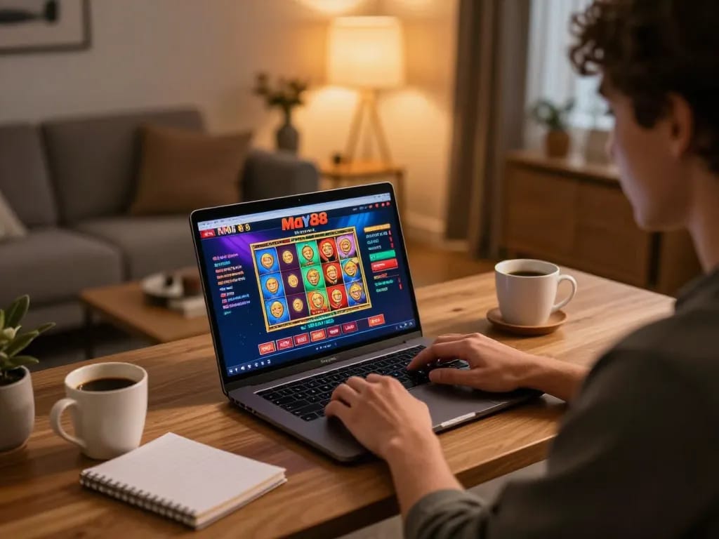 Engage with May88 online casino games, showcasing vibrant gameplay and strategic planning in a cozy environment.