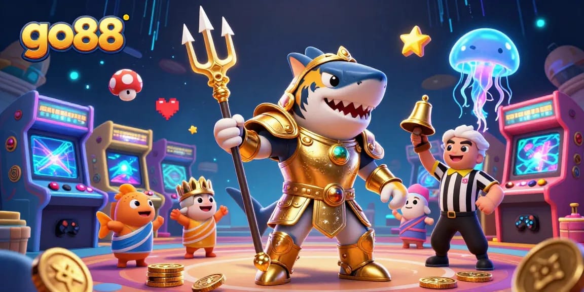 Play go88 games featuring a fierce shark gladiator in a vibrant casino setting.