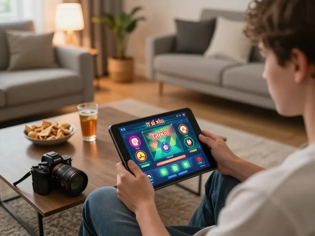 Engaging in app tài xỉu online gameplay on a tablet in a cozy home environment.