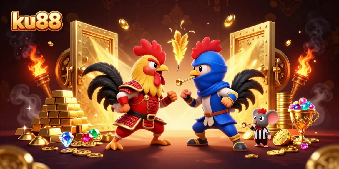 Bet big with ku88 as dynamic fighting roosters symbolize thrilling casino action and excitement.