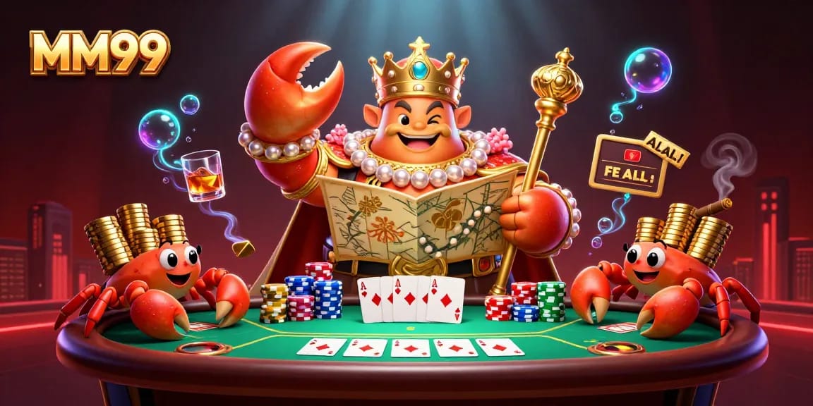 Bet big with MM99 in a vibrant casino scene featuring a golden crab emperor and poker elements.