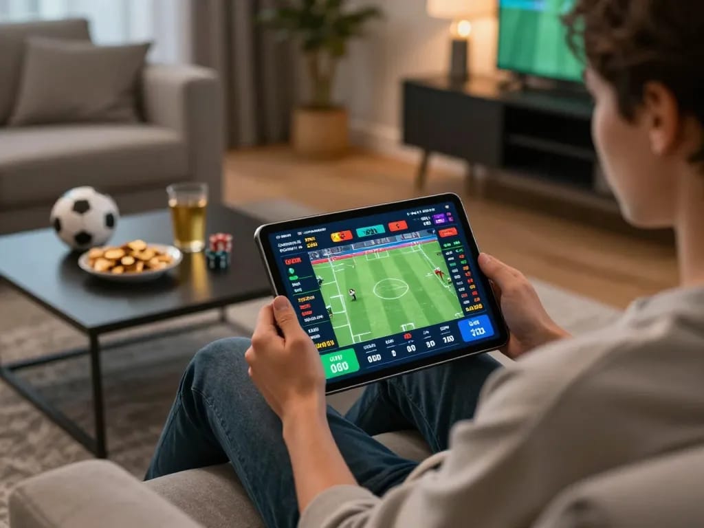 Engaging online betting scene showcasing a user placing bets on a tablet during a sports event with gk88 excitement