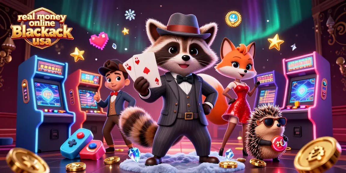 Experience real money online blackjack USA with a charming raccoon, fox, and hedgehog in a vibrant casino scene.