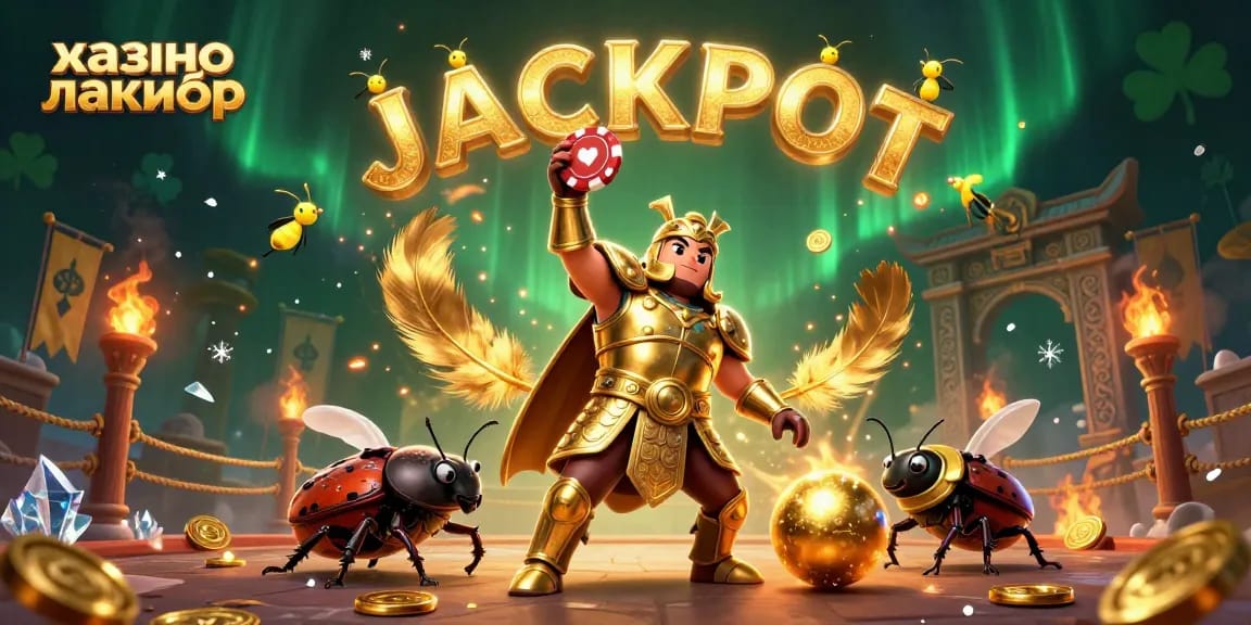 Experience the thrill at казино лакибир with a heroic beetle celebrating a big win amidst an exciting casino scene.