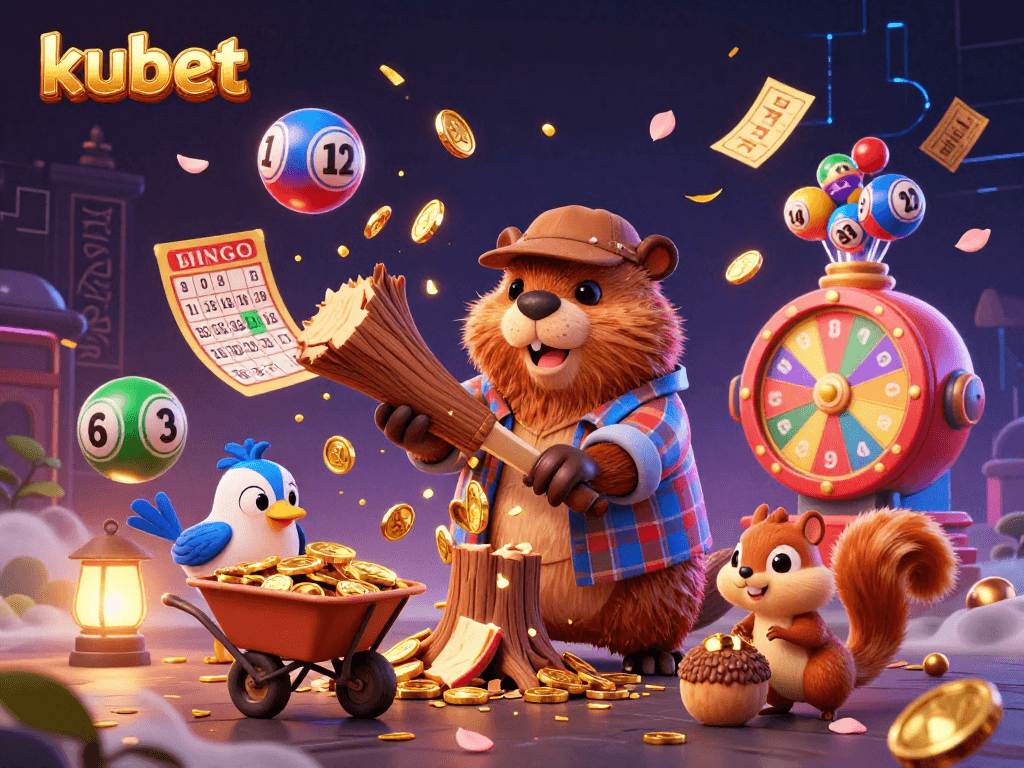 Engaging kubet illustration featuring a beaver chopping a coin tree, conveying excitement in gambling.