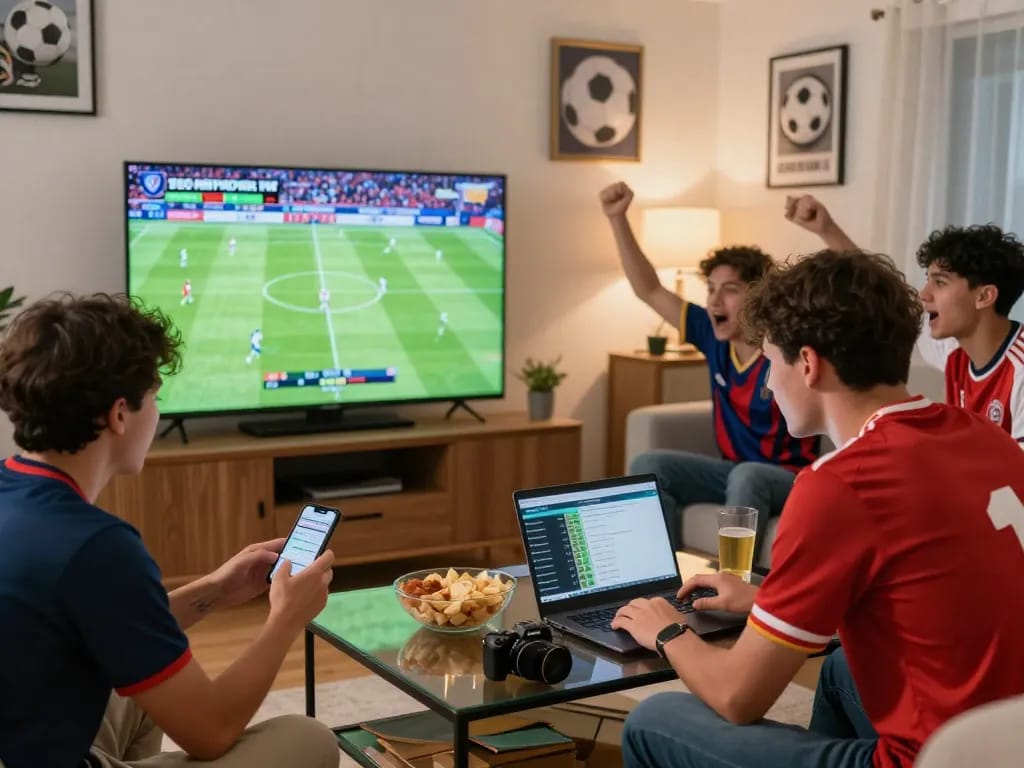 Fans excitedly watching a soccer match while analyzing 1gom betting odds in a lively living room.
