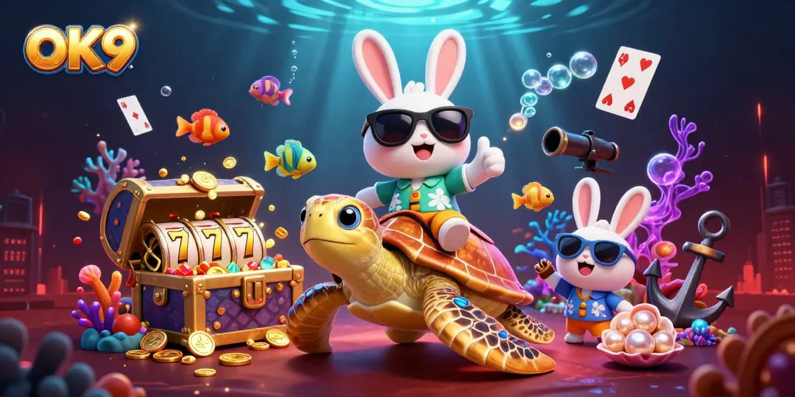 OK9 showcases a lucky rabbit and a golden turtle amidst vibrant casino elements for an exhilarating gaming experience.