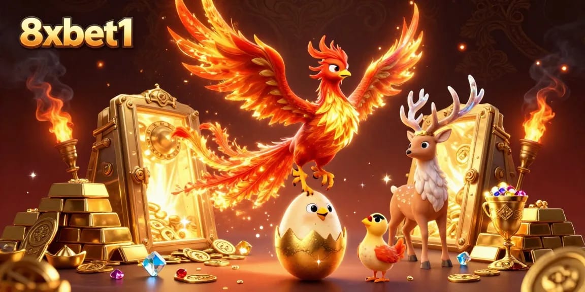 Experience the thrill of 8xbet1 with dazzling gold treasures and dynamic characters in a vibrant casino scene.