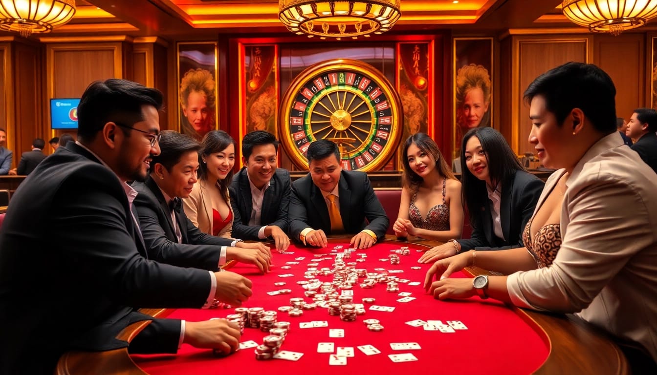 Players enjoying a thrilling game of Dominoqiu in a vibrant casino environment.