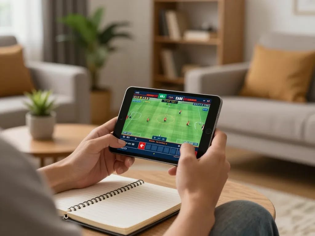 Betting on đá gà cam through smartphone in a cozy living room setting, emphasizing strategic play.