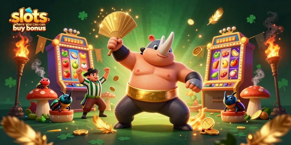 Experience slots where you can buy bonus with vibrant visuals and exciting characters in this dynamic 3D illustration.