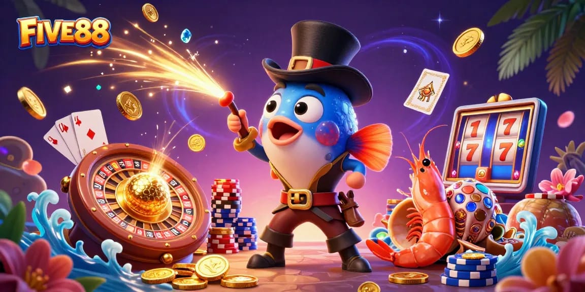 FIVE88 engages players with thrilling casino action featuring a deep-sea anglerfish and sparkling treasures.