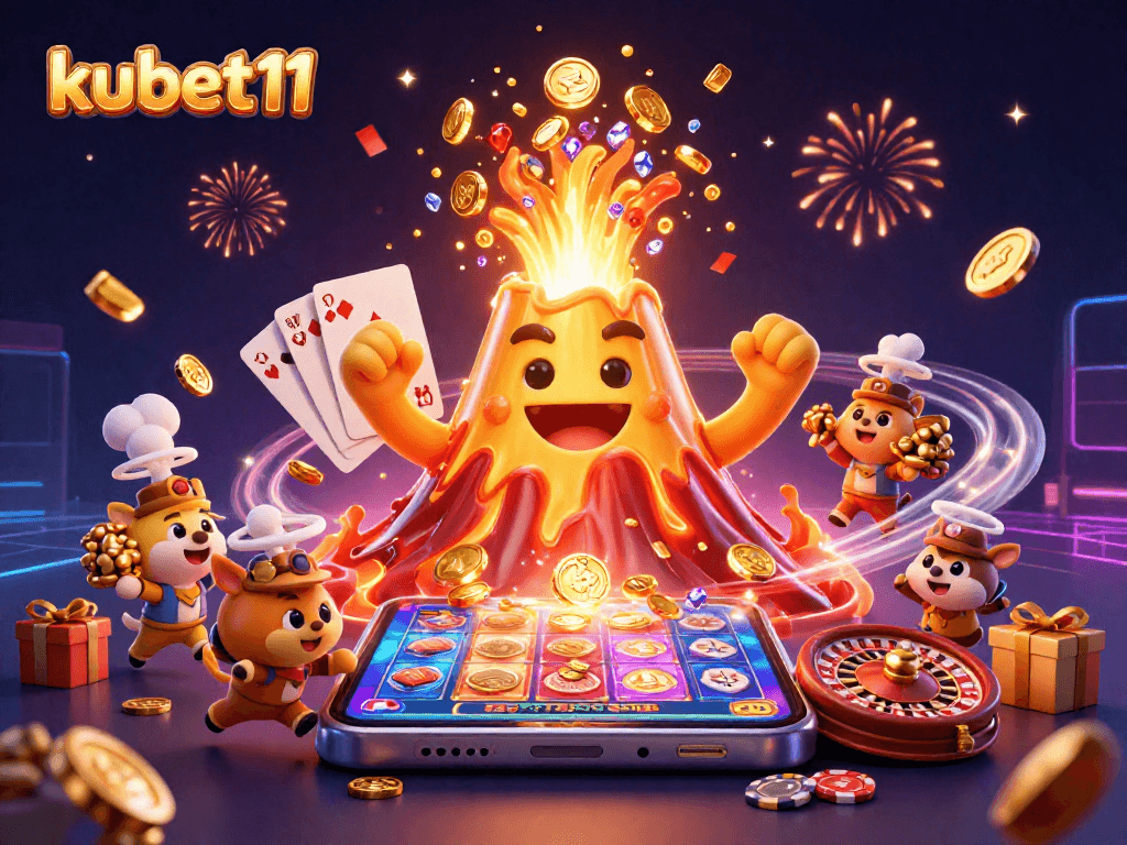 Experience the excitement of kubet11 as the golden volcano erupts treasures in a vibrant 3D casino scene.