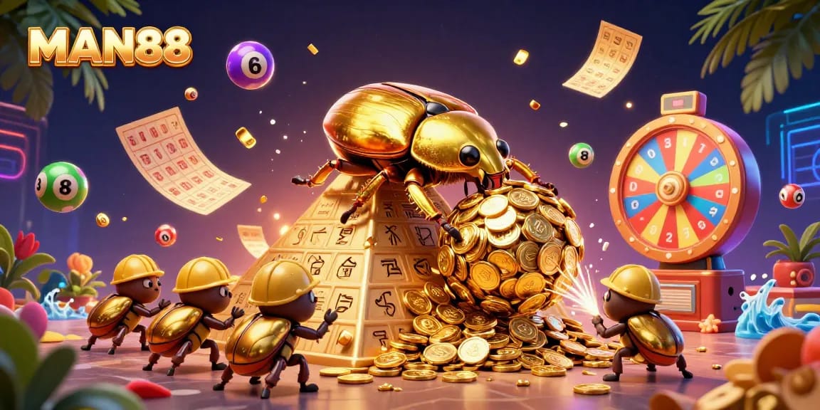 Experience thrilling gaming adventures with MAN88's dynamic lottery scene featuring multiple vibrant elements.