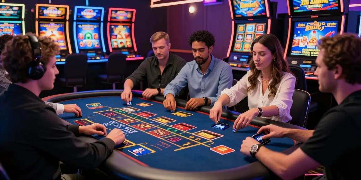 Exciting online casino scene with players using credit cards at vibrant gaming tables, showcasing casinos that accept credit cards.