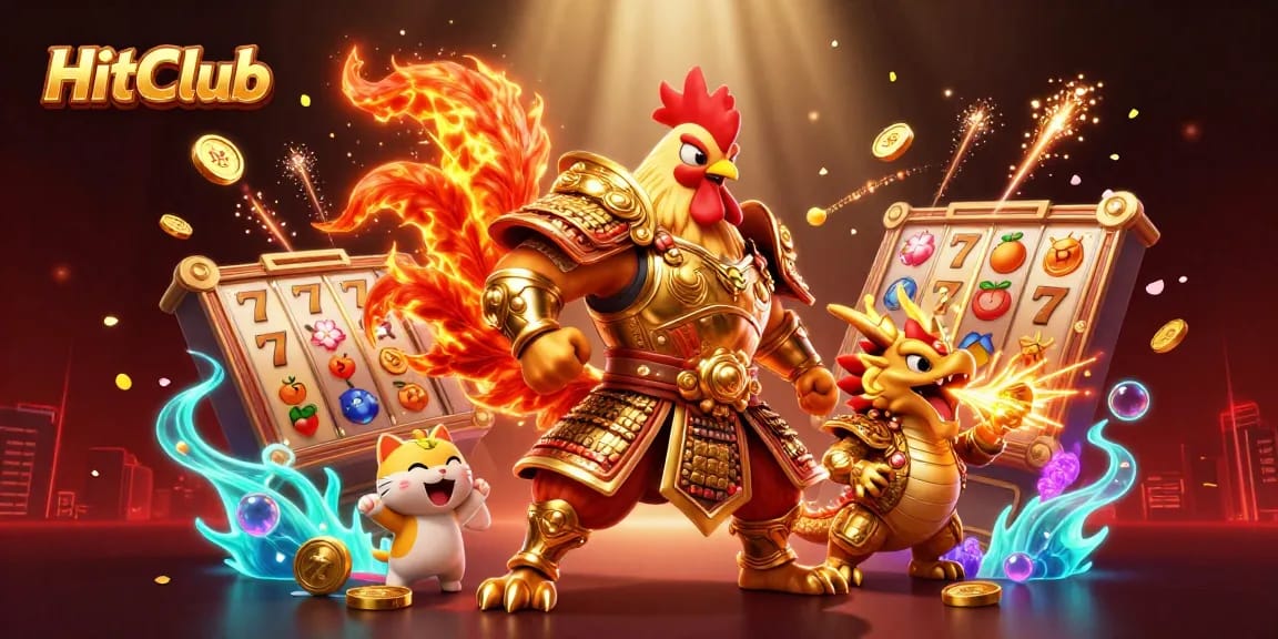 Engage with HitClub casino action through an ultra-detailed illustration of warriors and slot machines.