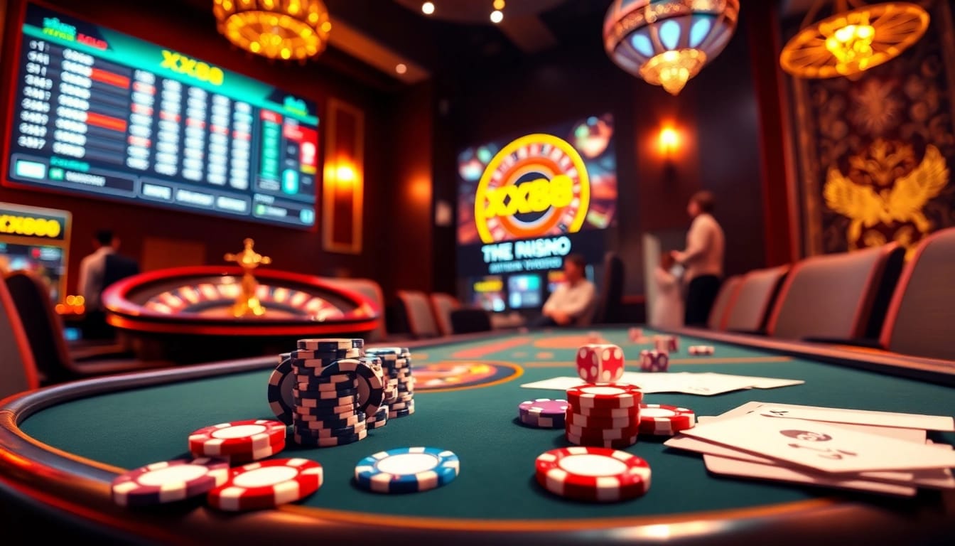 Experience the thrill of gambling at XX88 with a luxurious casino scene featuring poker and roulette.