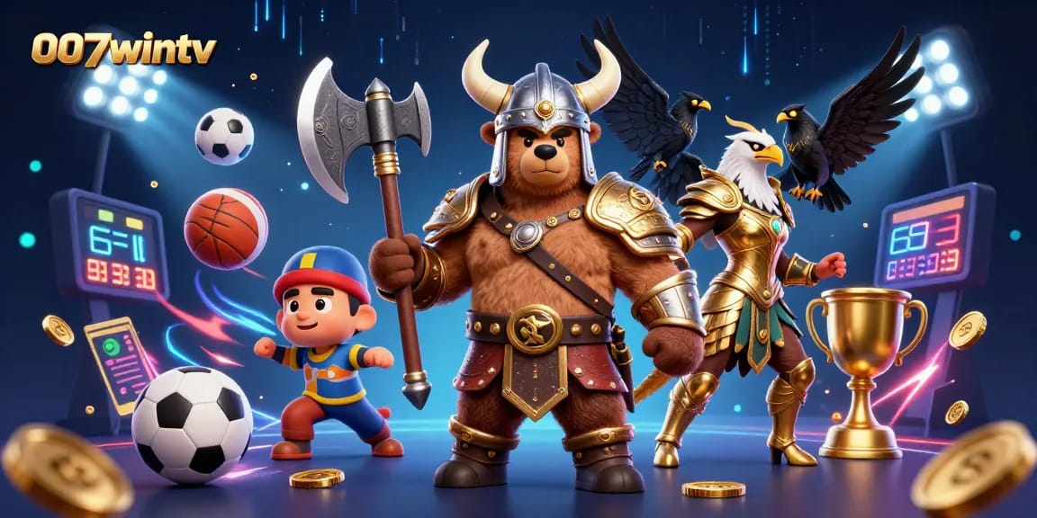 A dynamic 3D illustration of the Viking berserker bear and Valkyrie eagle representing 007wintv in an exciting online gaming scene.