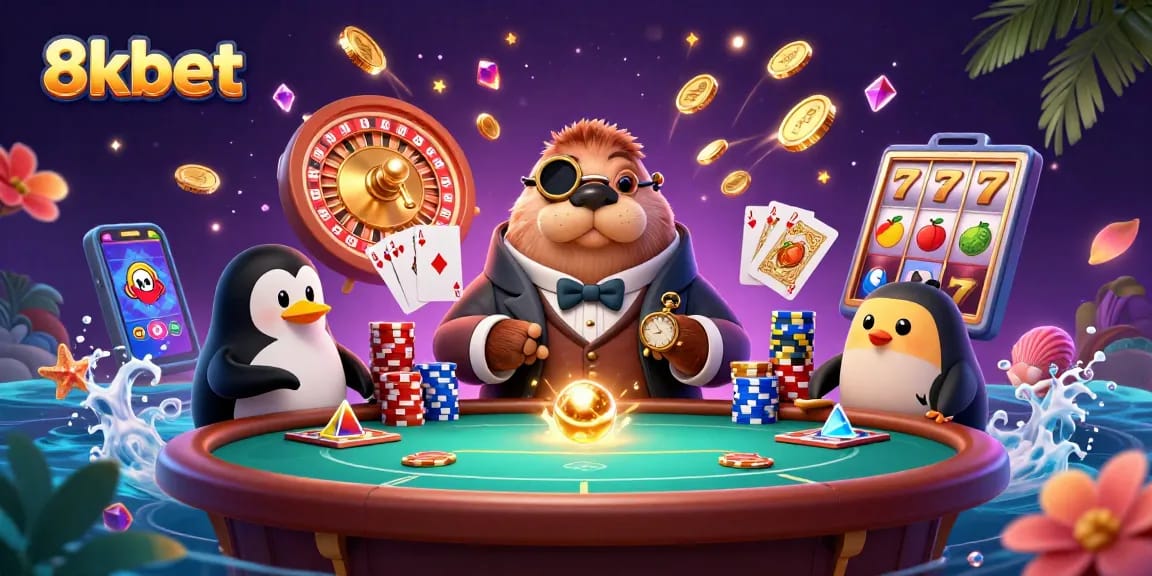 Engage with the thrilling world of 8xbet featuring a jolly walrus playing poker in an underwater casino.