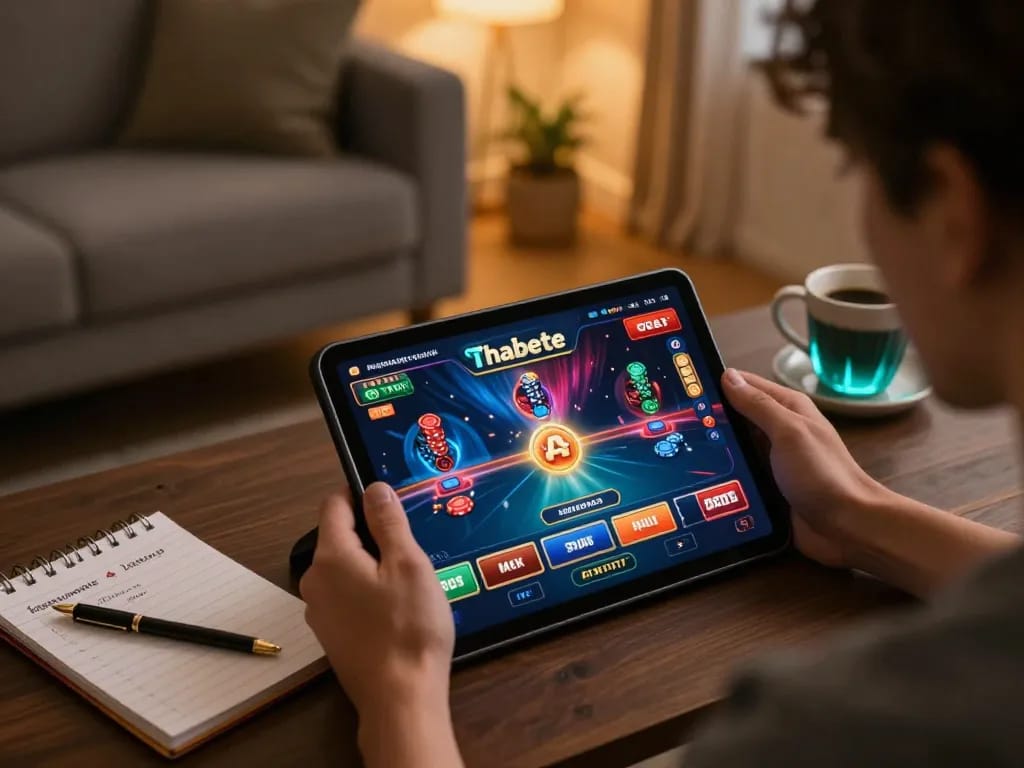 Player using thabete app on a tablet for online gaming with strategic notes in cozy living room