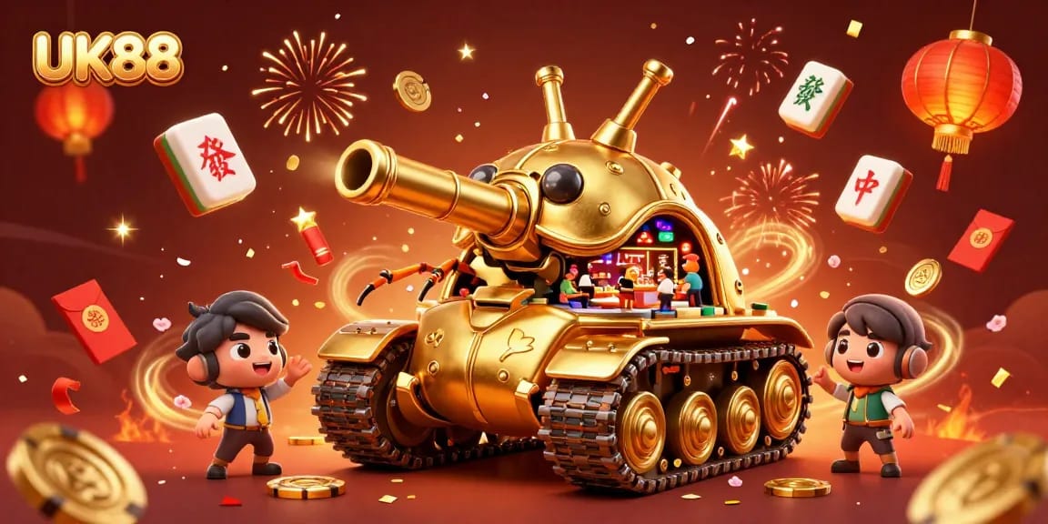 Engage with UK88's mini casino magic in a lively 3D celebration scene.