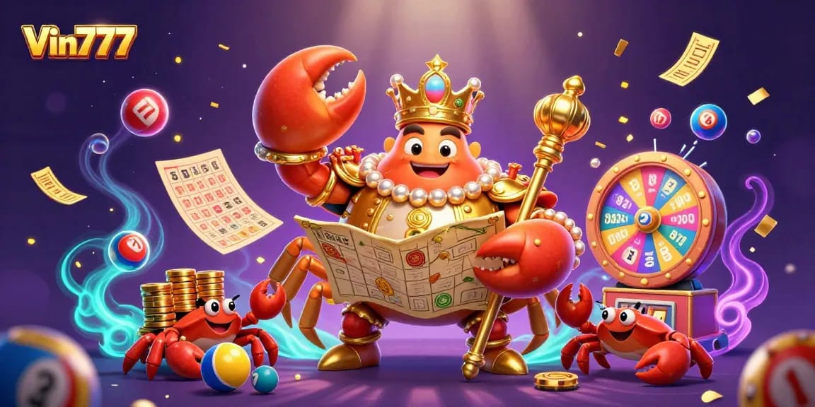 Experience thrilling gaming at Vin777 with vibrant lottery elements and a majestic crab emperor.