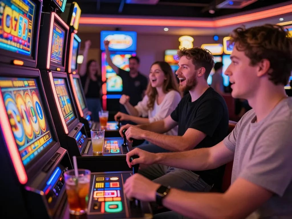 Players celebrating wins on the Lucky 88 slot machine, capturing excitement in vibrant casino atmosphere.