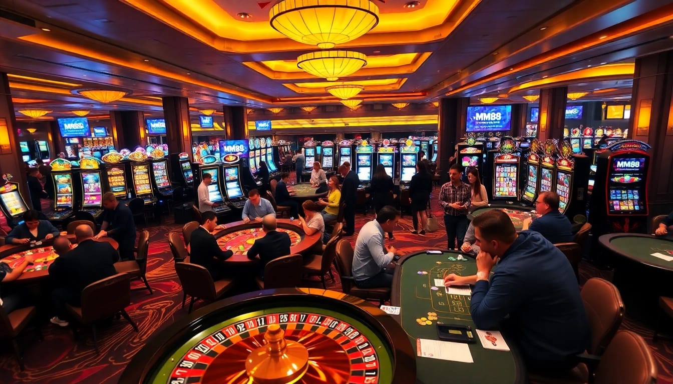 Engaging casino scene featuring MM88 branding with players at roulette and slot machines.