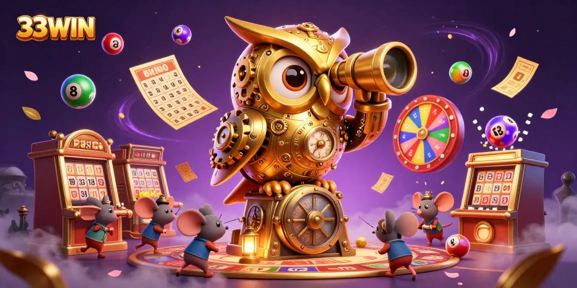 Experience the excitement at 33WIN with golden owl and vibrant casino elements.