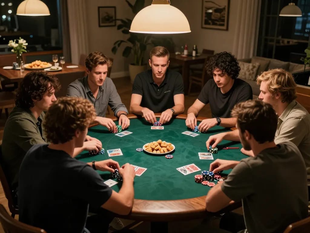 Friends engaging in an exciting poker game night at home, showcasing a vibrant atmosphere with Lode88 strategy discussions.
